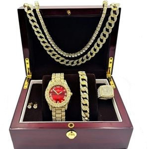 Fully Iced Mens Big Rocks Bezel Color Dial with Roman Numerals, Cuban Chain Brac